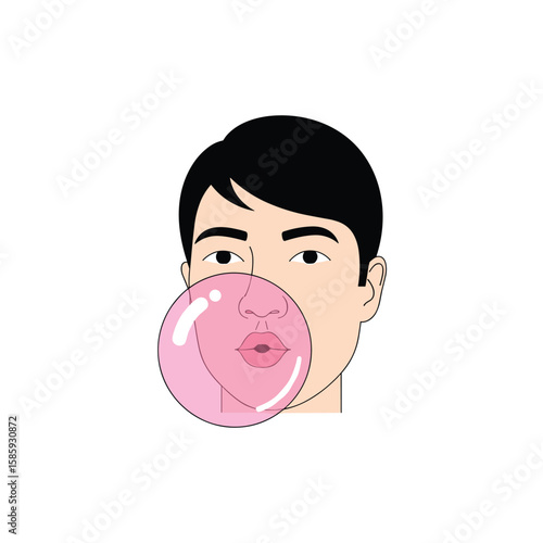 Young man blows giant pink bubblegum bubble while chewing candy