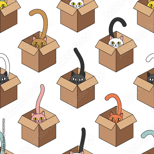 Adorable felines peeking out from cardboard boxes enjoying their cozy enclosures