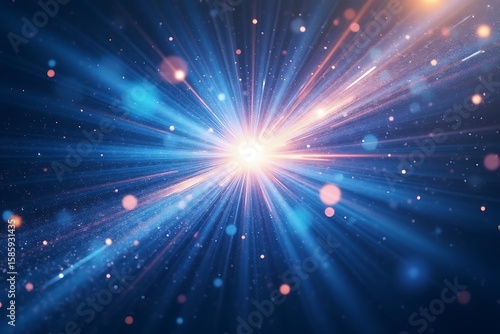 Bright starburst light explosion with blue and orange rays and bokeh energy