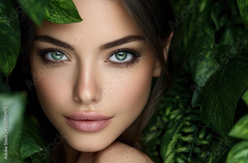 Fototapeta Naklejka Na Ścianę i Meble -  A beautiful woman with green leaves in front of her, a natural and healthy look for skin care products with jungle foliage in the background