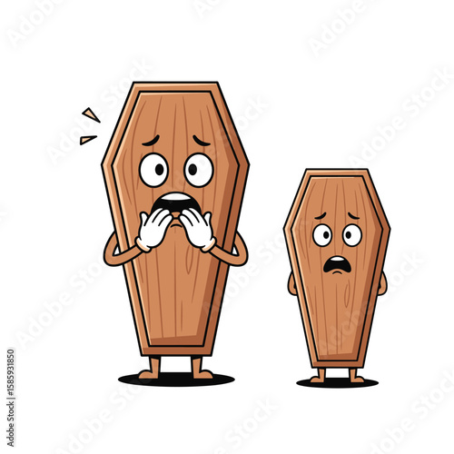 Two cartoon coffins with spooky faces displaying fear and surprise