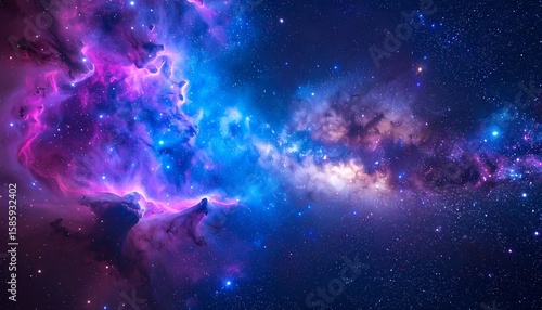Cosmic nebulae swirl in vibrant hues of pink, purple, and blue.  Stars scattered across the dark expanse