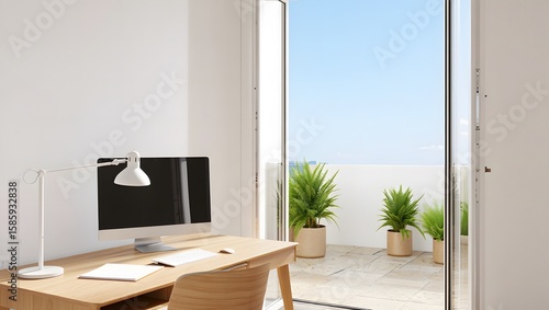 Modern home office with computer and balcony view desk lamp