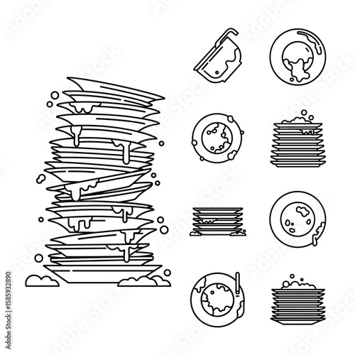 A tall stack of dirty plates and dishes with bubbles and grease smears