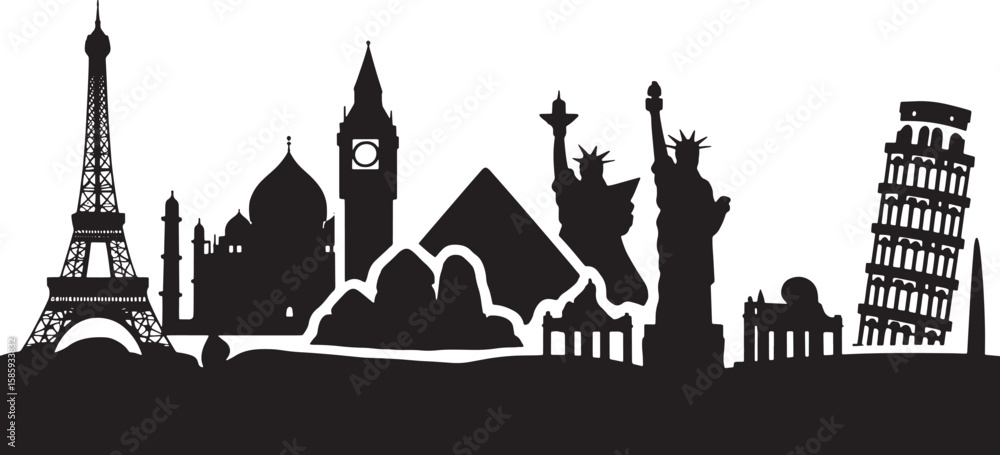 Obraz premium Global Landmarks Silhouette Panorama A Journey Across Continents Iconic Structures World Travel Destinations Cultural Heritage