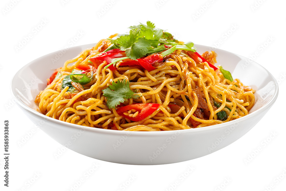 Delicious Spicy Noodles Asian Cuisine, Chili, Cilantro Garnish Delicious Spicy Noodles Asian Cuisine, Chili, Cilantro Garnish