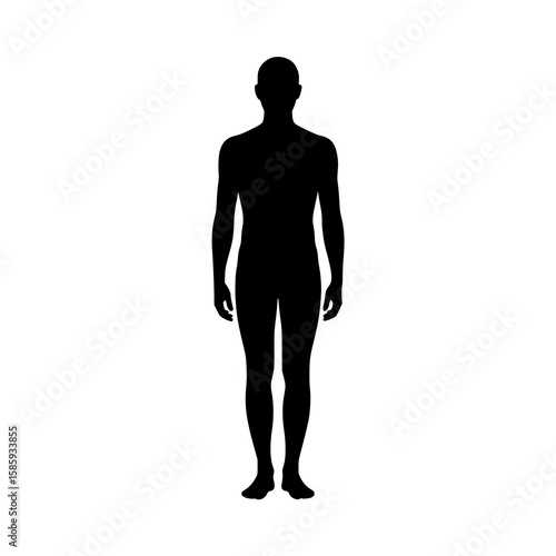 Human Silhouette: A stark monochrome illustration depicts a human figure in a simple, full-body silhouette, conveying anonymity and neutrality.