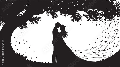 Couple embracing under large tree with flowing fabric and scattered dots embrace love