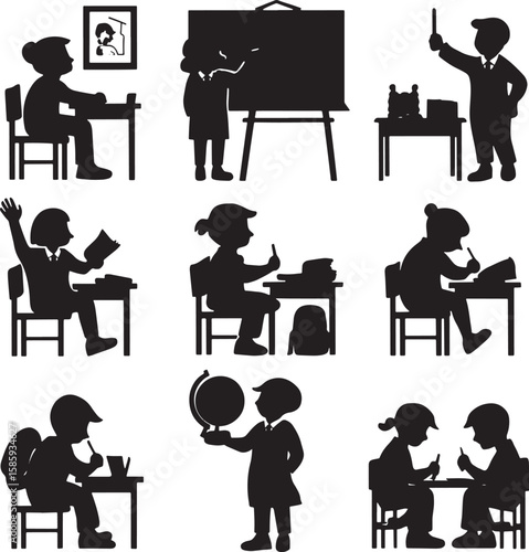 Silhouette Illustration of Students in Classroom Setting Engaged in Learning Activities and Teacher Instructing with Blackboard