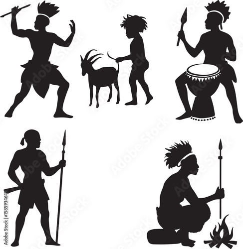 Silhouette of African Tribal Life Depicting Hunter, Child with Goat, Drummer, Warrior, and Woman by Fire on Transparent Backdrop