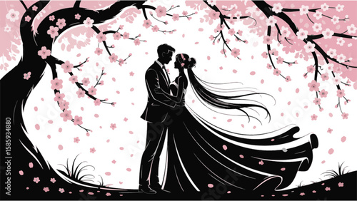 Romantic Wedding Couple Under Cherry Blossom Tree Silhouette