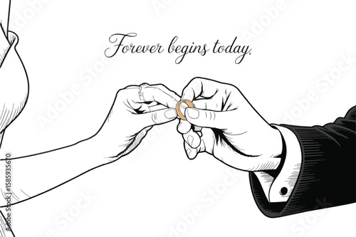 Couple exchanging wedding rings with elegant script text hands exchange