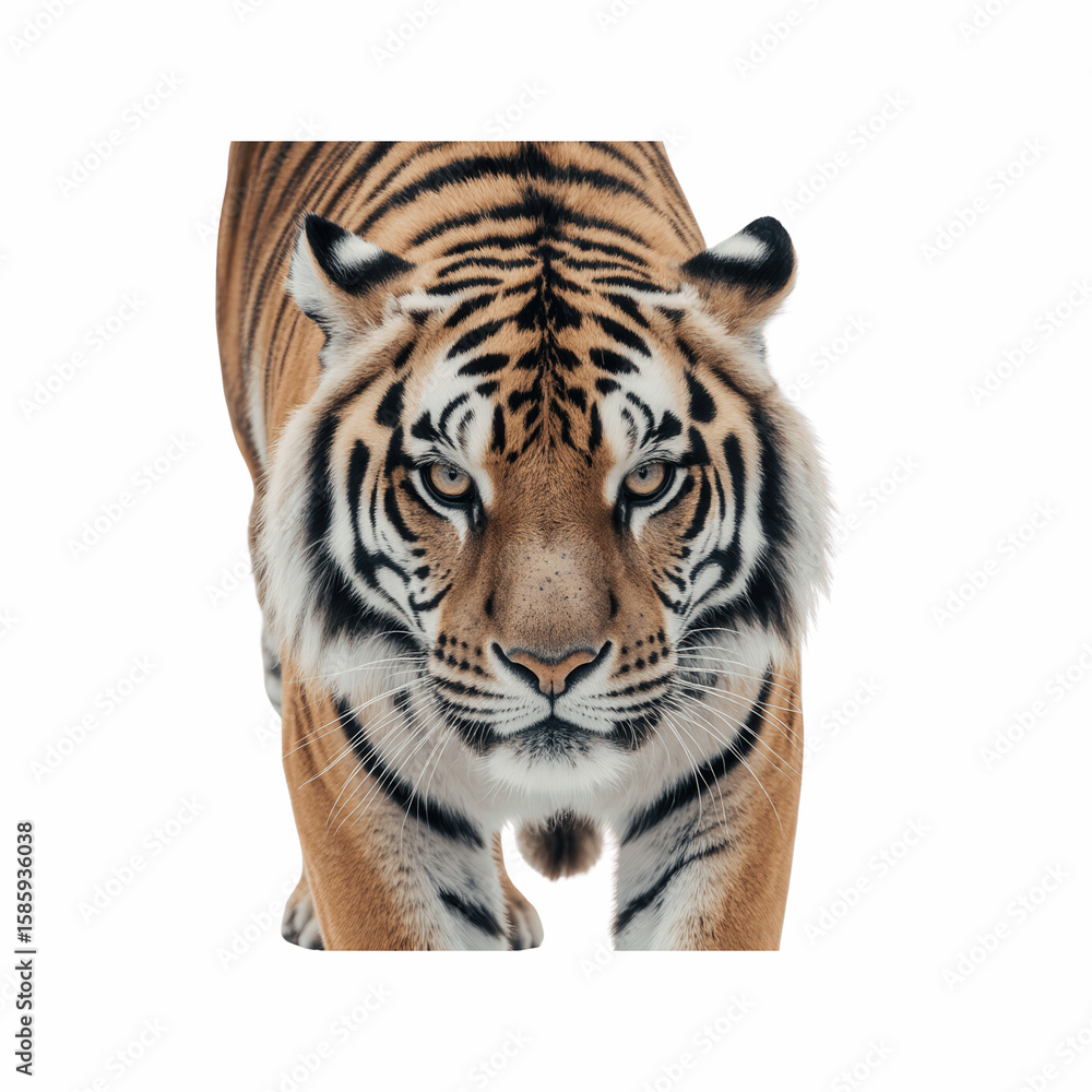 Obraz premium Powerful Tiger's Gaze: A majestic tiger fixates with an intense, direct stare, its captivating stripes and formidable presence conveying a sense of raw power and untamed beauty.