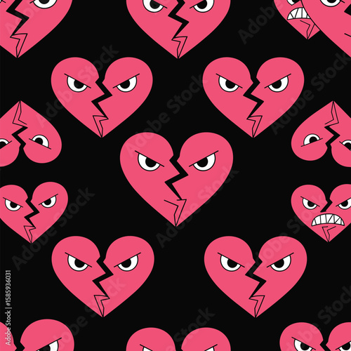 Angry broken hearts expressing frustration and disappointment in a vibrant pattern
