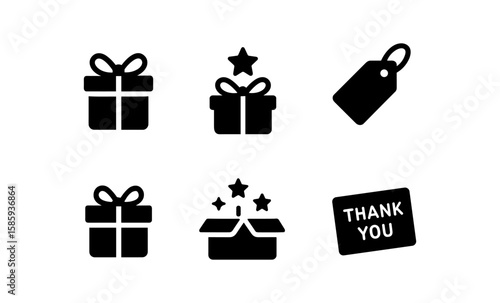 Gift icon set featuring presents, tags, and thank you card in silhouette style