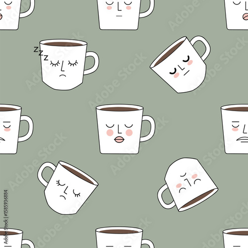 Tired coffee mugs expressing different levels of exhaustion and sleepiness