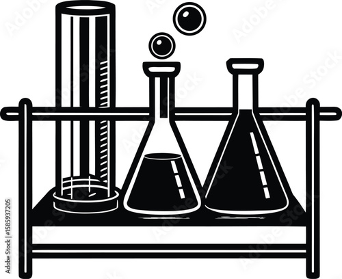 Beakers and flasks are arranged on a rack, isolated on white background