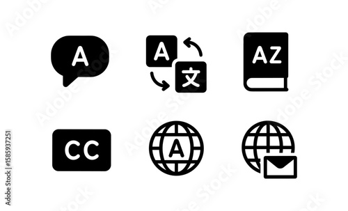Language and translation icons set: speech bubble, book, globe, subtitles