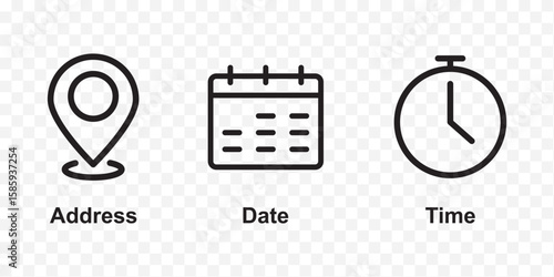 set of date place and time icons . Time, Date and Location Icons for Websites and Apps . eps 10 