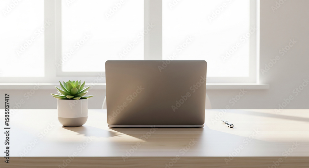 Obraz premium Minimalist Workspace: Laptop, Succulent, and Pen in Sunlight