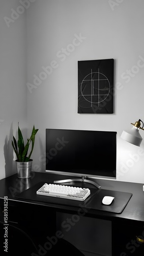 Modern minimalist desk setup with computer and artwork keyboard mouse