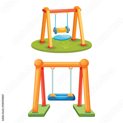 Playground swings on grass, orange frame, blue seats, outdoor activity