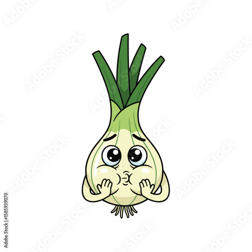Adorable cartoon scallion character feeling shy and bashful with puffed cheeks