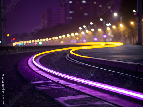 Glowing purple and yellow light trails curve along tram tracks at night with blurred city lights in background
