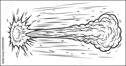 A graphic depiction of a powerful, fast-moving projectile with smoke trails.