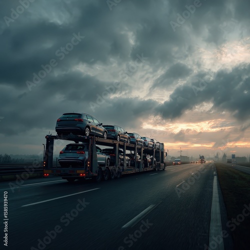 Car Transport Truck Carrying Multiple Vehicles on Highway During Cloudy Sunset