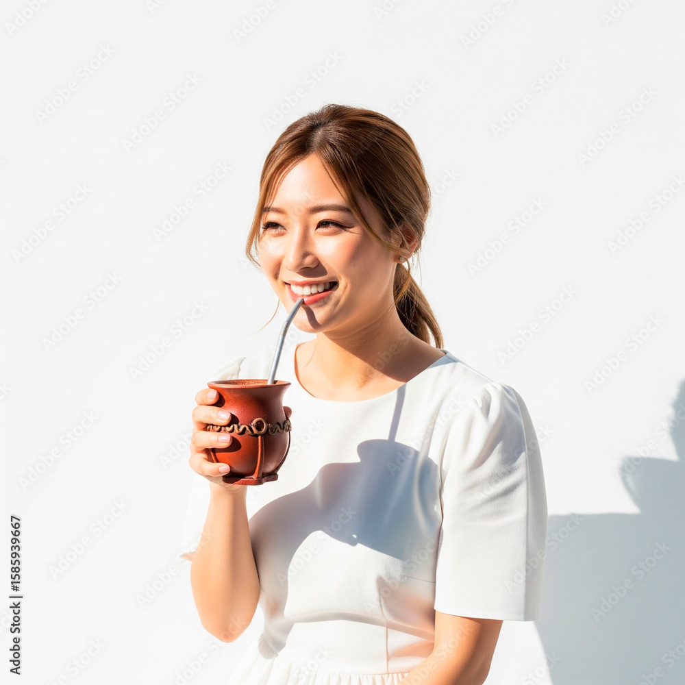 Close-Up of Sensual Japanese Woman Drinking Chimarrão with Steam Close-Up of Sensual Japanese Woman Drinking Chimarrão with Steam