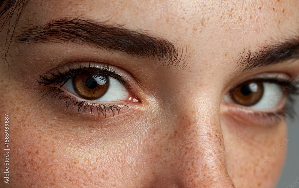 Naklejka premium A close-up of the eyes and eyebrows of an attractive woman, highlighting her brown eyes with a clear skin tone. The focus is on the eye area where she has dark circles under both eyelids. 