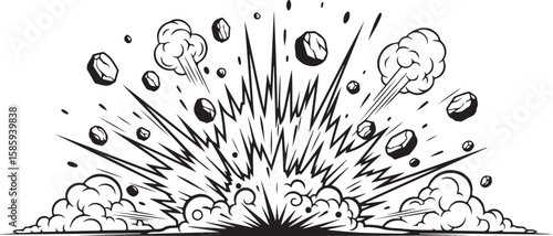 Comic book style explosion graphic with radiating energy and smoke.