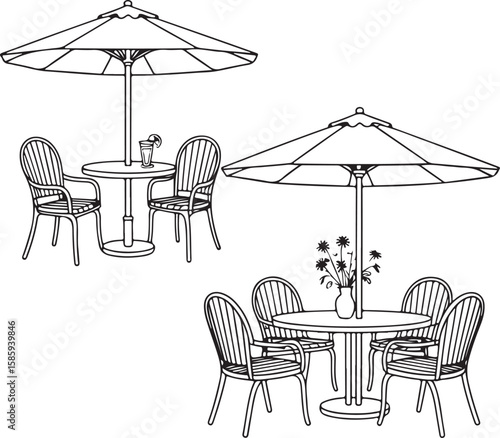 Outdoor Cafe Scene with Tables Chairs Umbrellas and Refreshments Black and White Line Art for Coloring Books or Illustrations