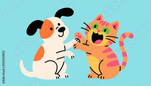 Flat Hand Drawn Cartoon Style Playful Cat and Dog High Five with Bright Orange and Teal Colors for Happy Pet Parenting and Animal Playtime Concept
