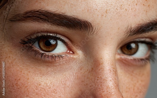 A close-up of the eyes and eyebrows of an attractive woman, highlighting her brown eyes with a clear skin tone. The focus is on the eye area where she has dark circles under both eyelids. 