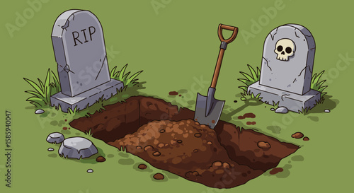 Cartoon graveyard scene with open grave and headstones on green grass