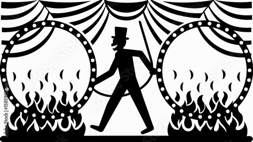 Silhouette of a man in a top hat walking through two flaming hoops under a striped circus tent top