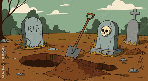 Cartoon graveyard scene with tombstones and a freshly dug grave at night