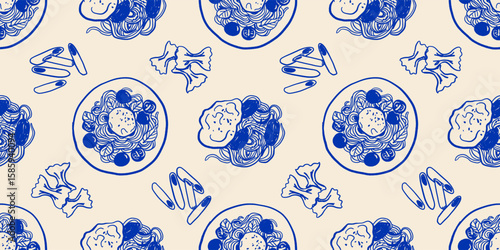 Minimalist hand drawn pasta vector seamless pattern. Different Mediterranean spaghetti types. Italy la dolce vita coast food for wrapping paper, textile.
