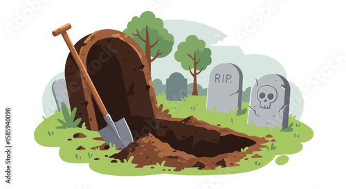 Graveyard scene with open grave and shovel in cartoon style