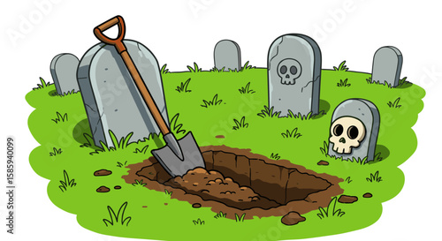Cartoon graveyard scene with shovel and tombstones