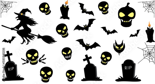 Halloween silhouettes: witch, skulls, bats, tombstones, and spiders
