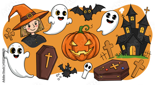 Fun halloween elements: witch, ghosts, pumpkins, and haunted house cartoon style