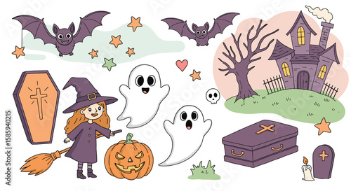 Charming halloween cartoon elements with witch, ghosts, and haunted house