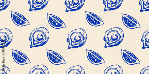 Seamless vector pattern with oysters and lemon quarters in blue ink style on beige background. Elegant hand-drawn seafood design with coastal Mediterranean La Dolce Vita summer vibe.