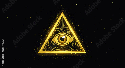 Golden illuminati eye in triangle with sparkling stars on black background