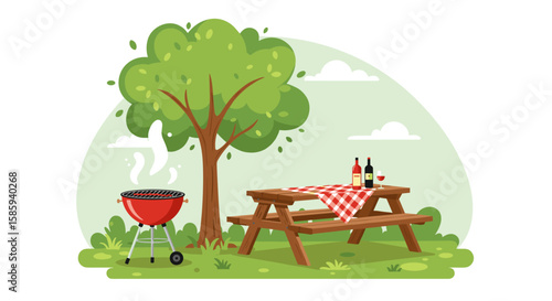 Summer picnic scene with barbecue and wine set in a lush green park