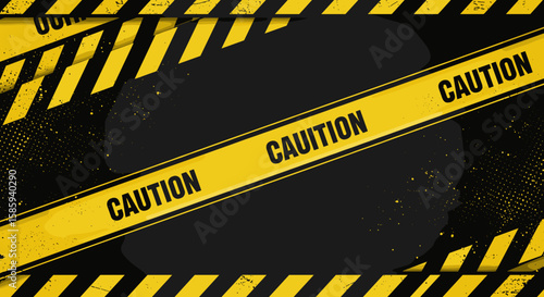 Yellow caution tape background with diagonal stripes on grunge dark surface