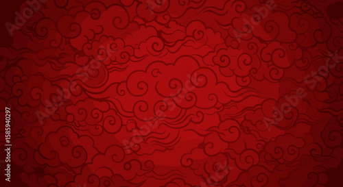 Ornamental swirling cloud pattern on vibrant red background